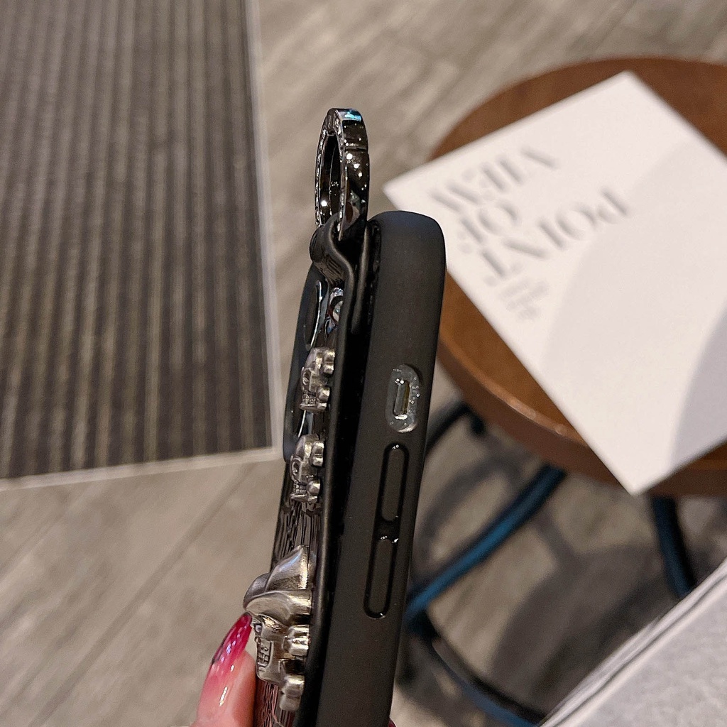 Ốp Điện Thoại Da Màu Đen Họa Tiết Đầu Lâu Kiểu Cao Bồi Có Dây Đeo Cổ Tay Cho iPhone 14ProMax 13 12 11 XSMax XR 7P