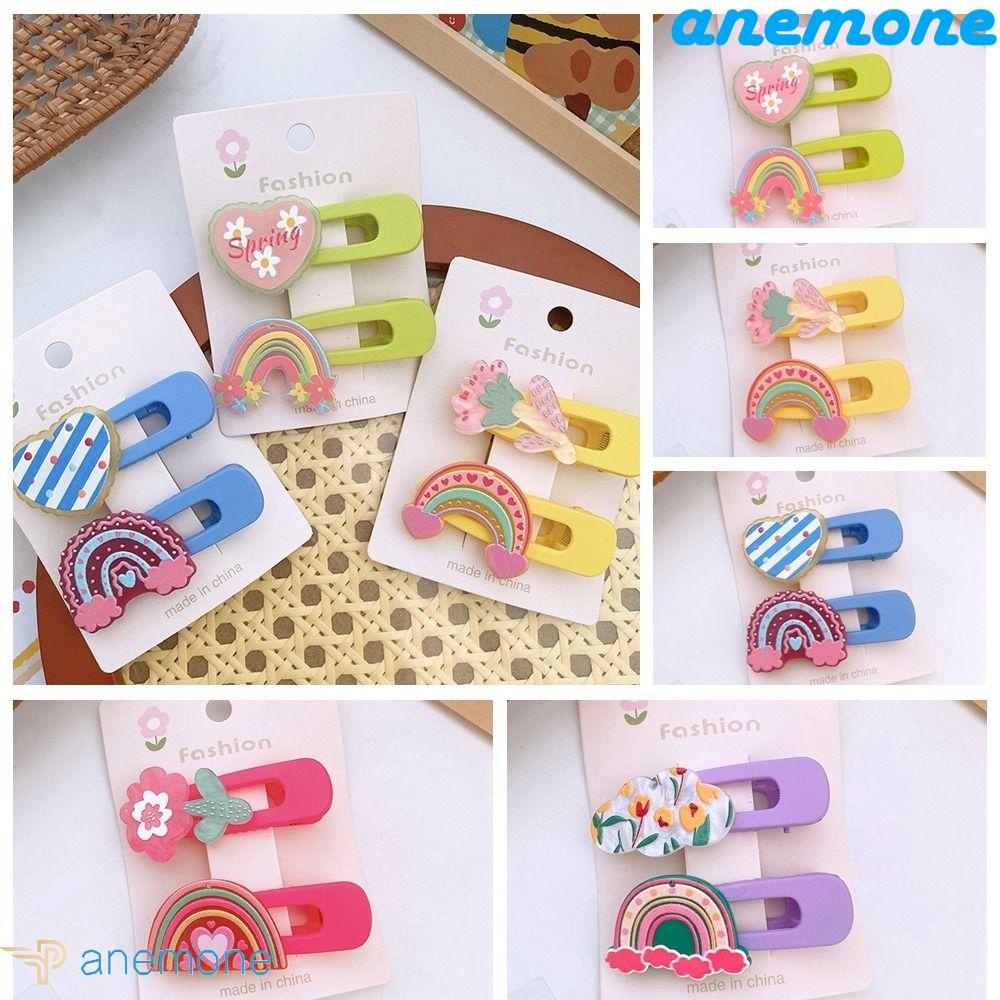 ANEMONE Bộ 2 Kẹp Tóc Bằng Acrylic Họa Tiết Hoạt Hình Trái Tim / Bông Hoa Màu Cầu Vồng Xinh Xắn Cho Bé Gái