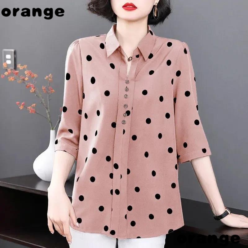 Áo Sơ Mi Tay Ngắn Họa Tiết Chấm Bi Phong Cách Thời Trang Mùa Hè Mới 2021 Cho Nữ Trung Niên