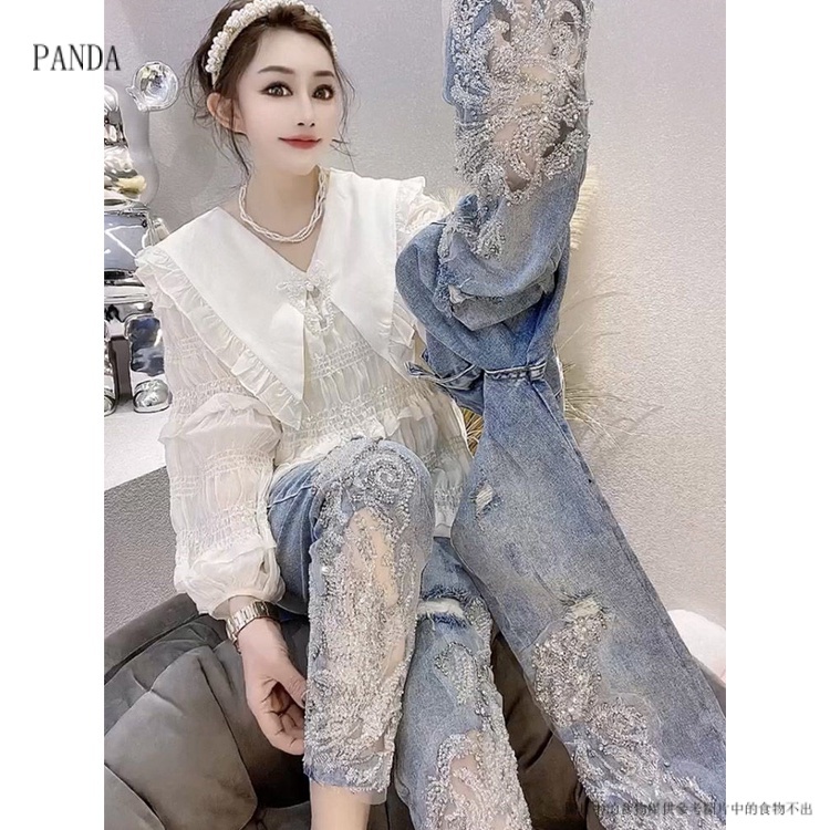 PANDA6.15Quần Jean Lưng Cao Dáng Ôm Đính Kim Tuyến Lấp Lánh Thời Trang Xuân Hè 2023 Mới quần jean