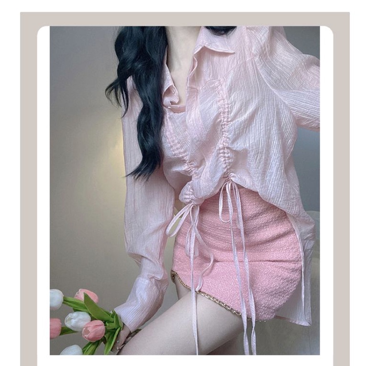 Áo Khoác Cardigan Mỏng Tay Dài Chống Nắng Phối Dây Rút Màu Hồng Thời Trang Quyến Rũ Cho Nữ