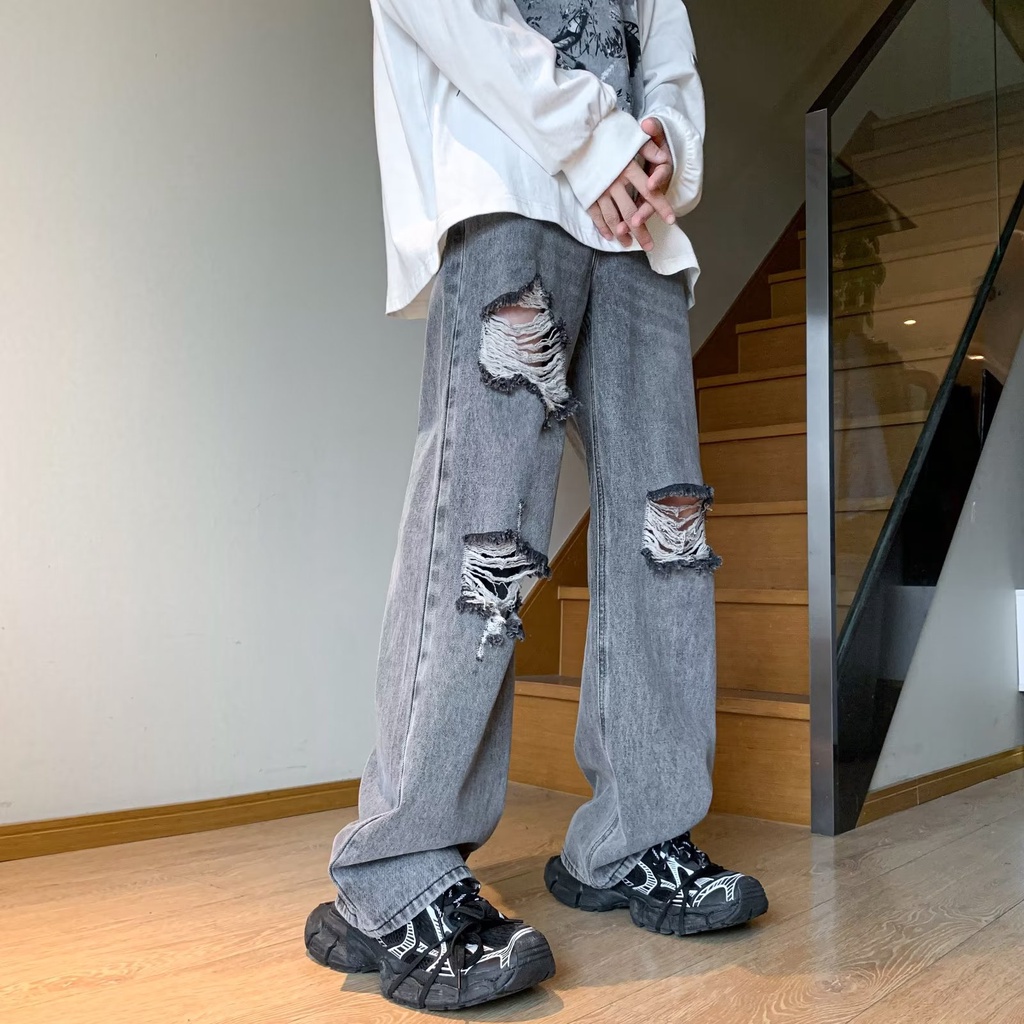 Quần Jeans Dài Phối Vết Rách Thời Trang Cá Tính Cho Nam