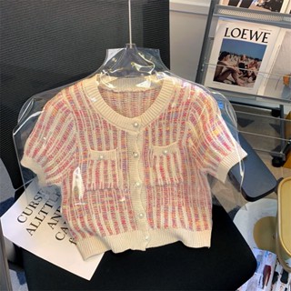 Áo Len Cardigan Tay Phồng Họa Tiết Kẻ Sọc Màu Hồng Thời Trang Mùa Hè Cho Nữ