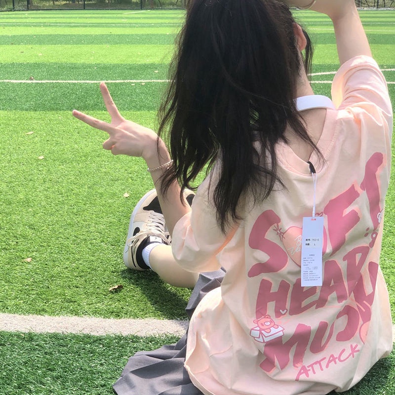 Áo Thun Tay Ngắn Cổ Tròn Dáng Rộng In Chữ Thời Trang Mùa Hè Cho Nữ