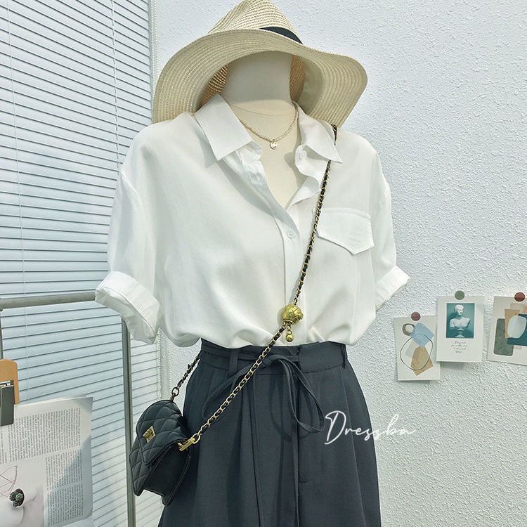 Áo Sơ Mi Tay Ngắn Có Túi Màu Trơn Phong Cách Hàn Quốc Thời Trang Mùa Hè Mới Cho Nữ