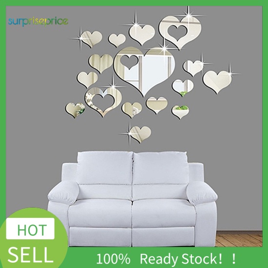 Set 16 Miếng Dán Tường Tráng Gương Hình Trái Tim 3D Sáng Tạo Trang Trí Nhà Cửa