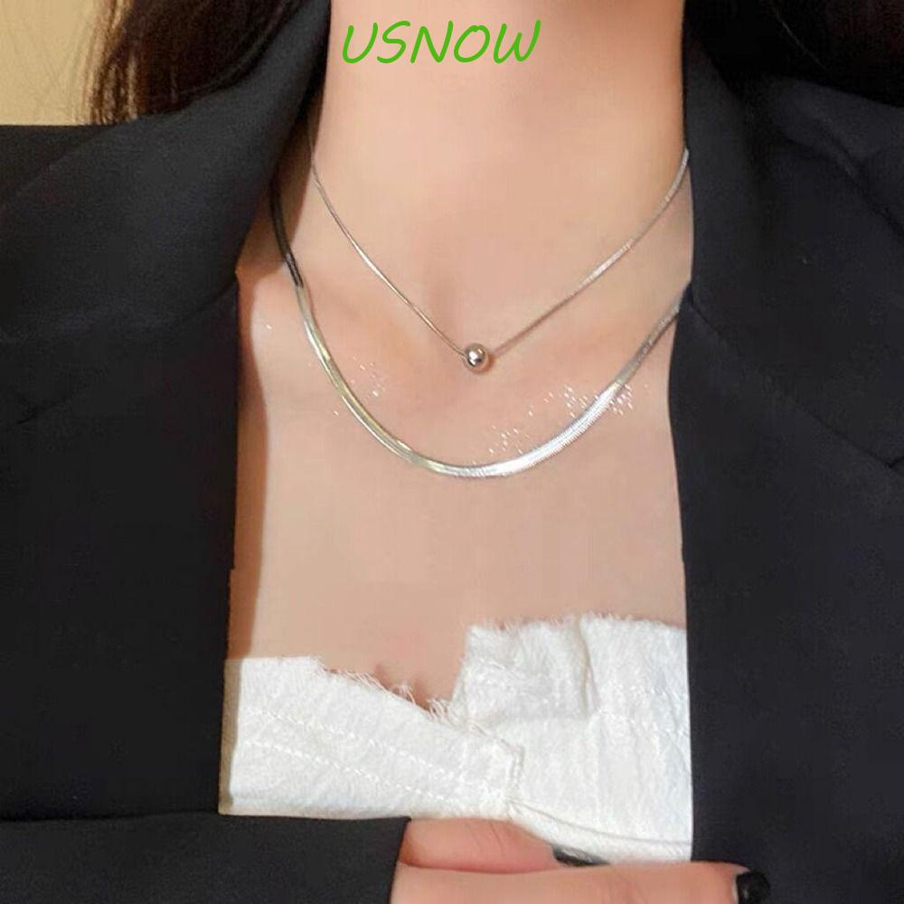 USNOW Vòng cổ Hai Lớp Bằng Thép Titan Mặt Hình Xương Rắn Phong Cách Hàn Quốc