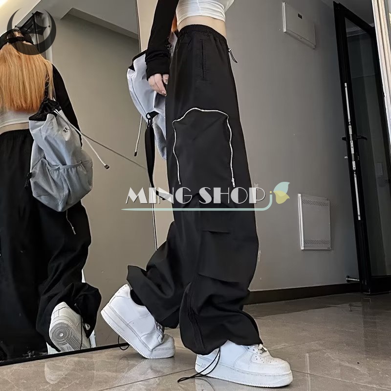 Quần Dù Đen Ống Rộng Có Túi Và Khóa Kéo Harajuku Y2k Cho Nữ