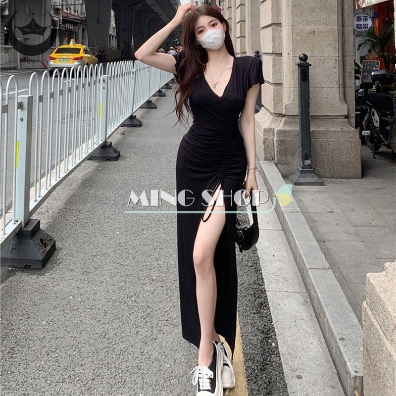 Đầm Dây Rút Cổ V Dáng Dài Xẻ Tà Thời Trang Mùa Hè Quyến Rũ Cho Nữ