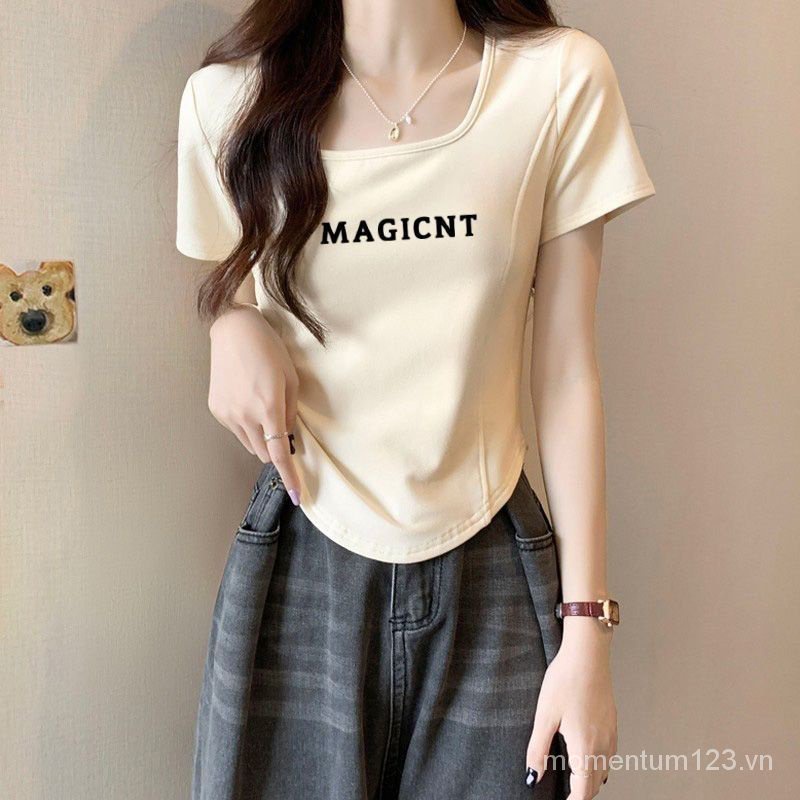 Áo Thun Cotton Mỏng Cổ Vuông Viền Cong Tay Ngắn Thời Trang Mùa Hè 2023 Cho Nữ