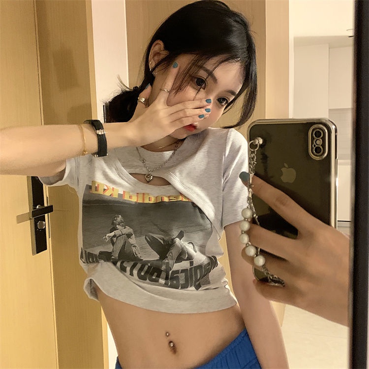 Áo Thun Cotton Ngắn Tay Giả Hai Lớp Dáng Ôm Thời Trang Cho Nữ