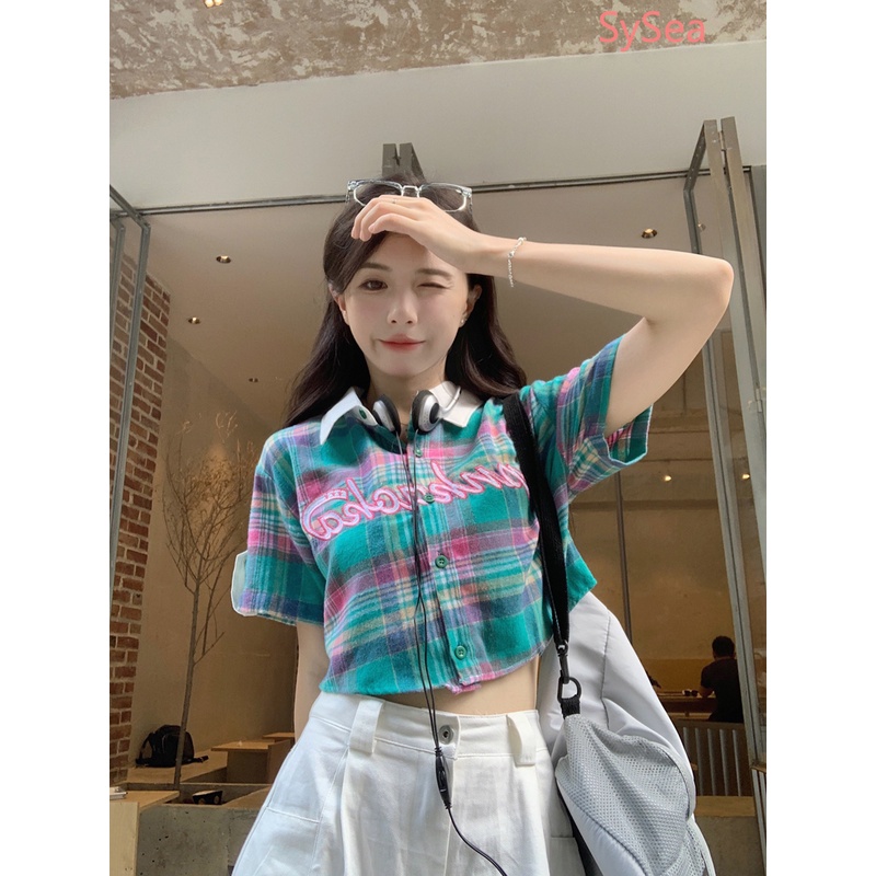 Áo Sơ Mi Ngắn Tay Dáng Rộng Hoa Văn Kẻ Ô Phong Cách Retro Dành Cho Nữ