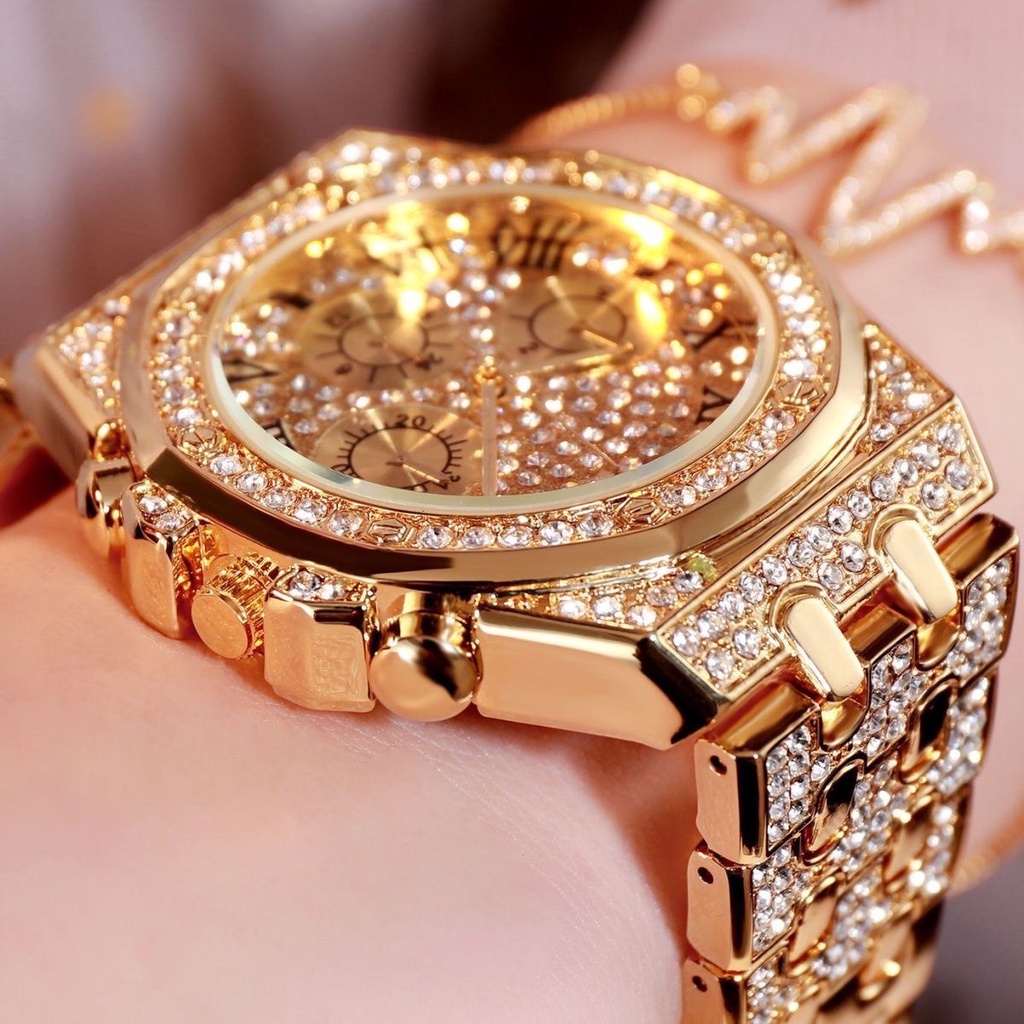 Đồng Hồ Đeo Tay Mạ Vàng 24k Đính Đá Lấp Lánh Phong Cách Hip Hop Thời Trang Cao Cấp Cho Nam