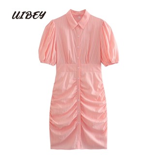 Uibey Đầm Tay Phồng Cổ Bẻ Họa Tiết Kẻ Sọc Lưng Cao Thời Trang 4463