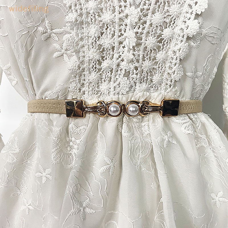 Thắt Lưng Bản Rộng Co Giãn Màu Đen Đính Hạt Ngọc Trai Trang Trí Đầm Nữ