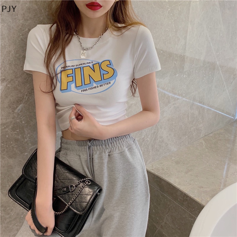 Áo Thun Crop Top Tay Ngắn Cổ Tròn In Chữ Phong Cách Retro Mỹ Thời Trang Mùa Hè Dành Cho Nữ PJ
