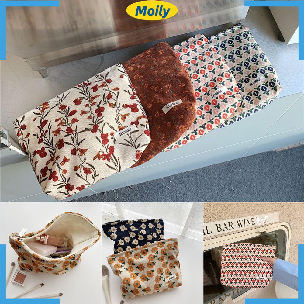 MOILYVN Túi Đựng Mỹ Phẩm Bằng Vải Cotton Và Vải Nhung Kẻ Có Khóa Kéo Dành Cho Nữ Ốp