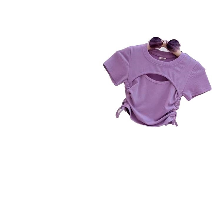 Áo Thun Tay Ngắn Phối Dây Rút Màu Sắc Trơn Phong Cách Hàn Quốc Thời Trang Mùa Hè Xinh Xắn Cho Bé Gái