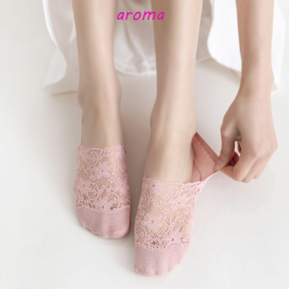 AROMA Đôi Vớ Thoáng Khí Màu Trơn Phối Ren Thời Trang Cho Nữ