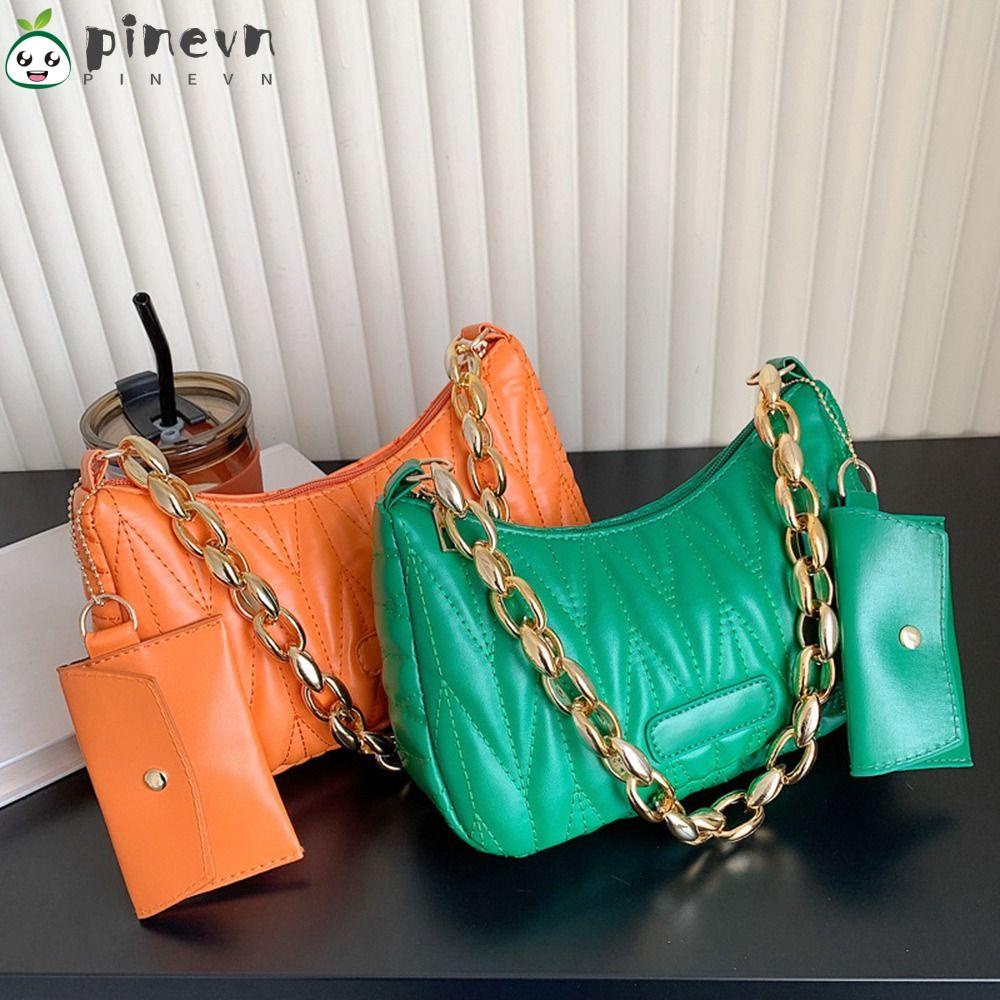 PINEVN Túi Xách Da PU Cỡ Lớn Có Khóa Kéo Và Dây Đeo Sợi Xích Thời Trang Cho Nữ