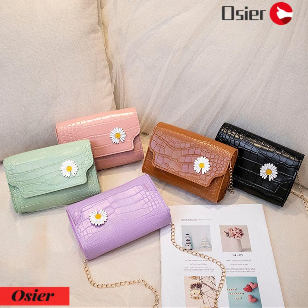 OSIER1 Túi Xách Da PU Màu Trơn Họa Tiết Hoa Cúc Nhỏ Xinh Phối Dây Xích Thời Trang Cho Bạn Gái