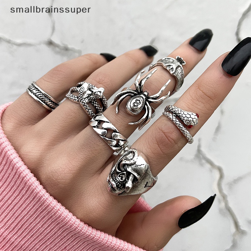 Set 7 Nhẫn Mạ Bạc Hình Rắn / Nhện Đính Đá Phong Cách Gothic Punk Cho Nữ