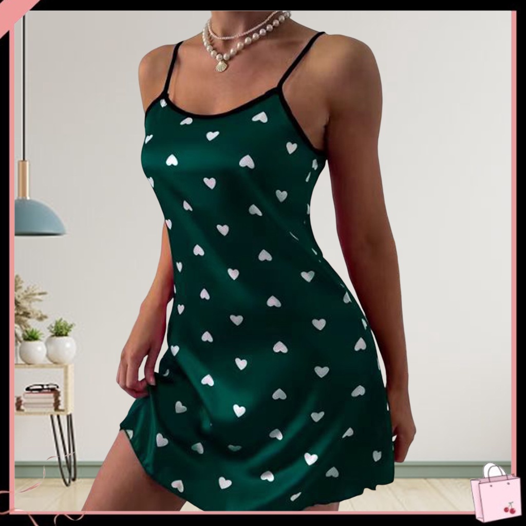 {Soltweter} Đầm Ngủ Hai Dây Bằng Satin Hở Lưng In Họa Tiết Trái Tim Cắt Thấp Quyến Rũ Cho Nữ