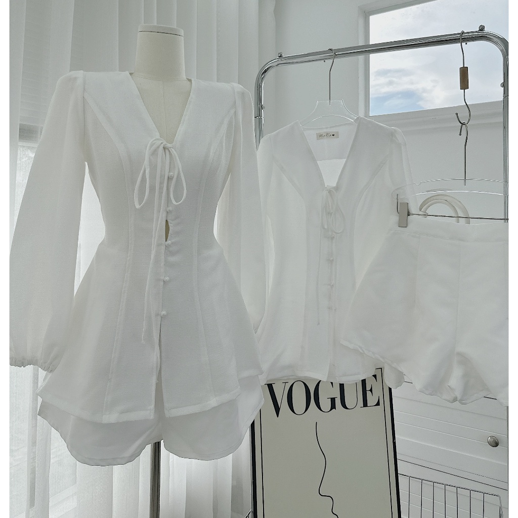 SET ÁO TRẮNG CỔ V THẮT NƠ TAY PHỒNG + SHORT