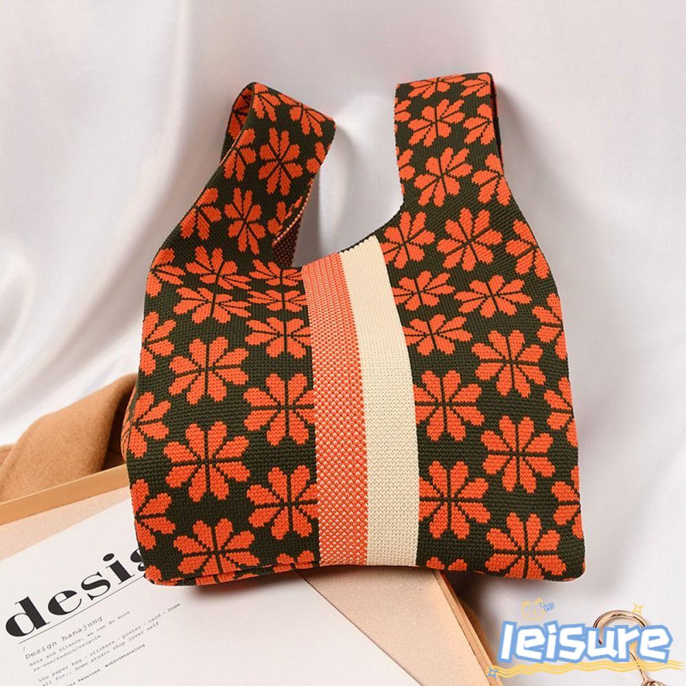 LEISURE Túi Mua Sắm Đeo Cổ Tay Đan Len Tái Sử Dụng Linh Hoạt Cho Nữ