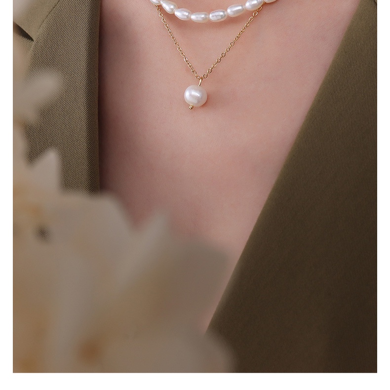 Vòng cổ Thép Titan Xếp Chồng Hạt Ngọc Trai Nước Ngọt Tự Nhiên Phong Cách Pháp