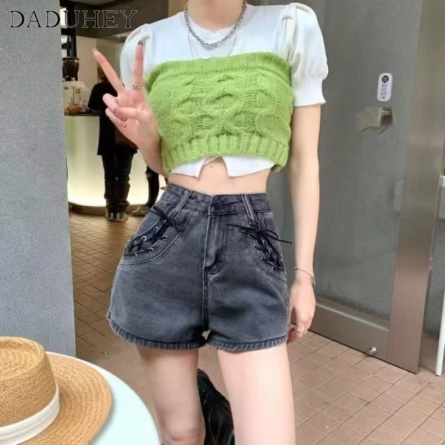 DaDuHey New American Ins High Street Strappy Denim Shorts Niche High Waist A- line Pants Large Size Hot Pants