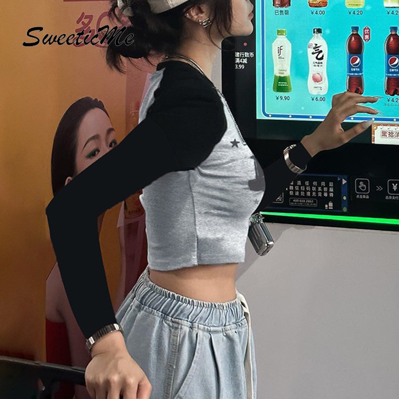 Áo Croptop Tay Dài Cổ Tròn Dáng Ôm Phối Màu Tương Phản Thời Trang 2023 Cho Nữ