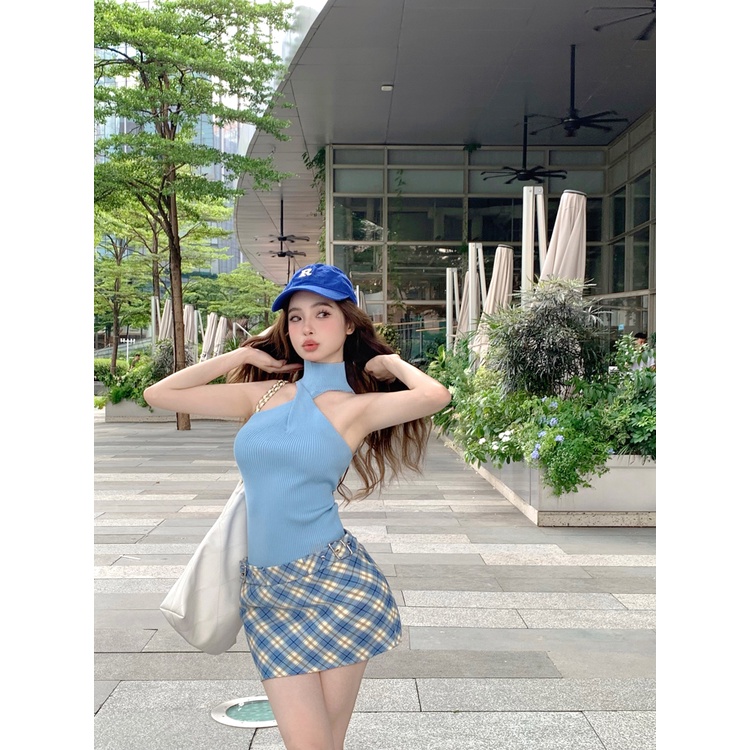 「Nonfatgirl」Áo Camisole Dệt Kim Co Giãn Thắt Nút Phong Cách Mỹ + Váy Yếm Kẻ Sọc