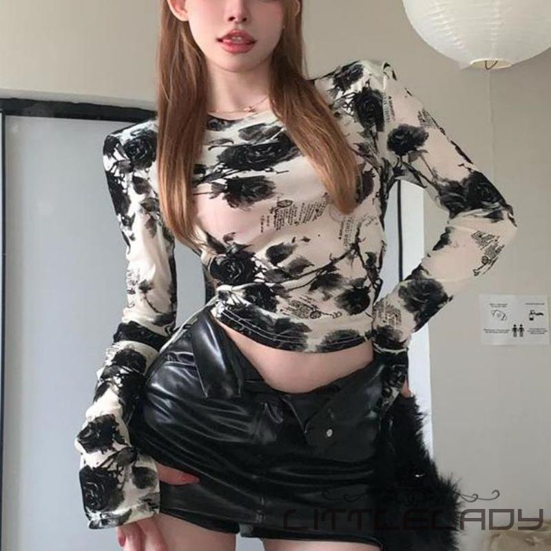 Áo Thun Lửng Tay Dài In Họa Tiết Thời Trang Dành Cho Nữ