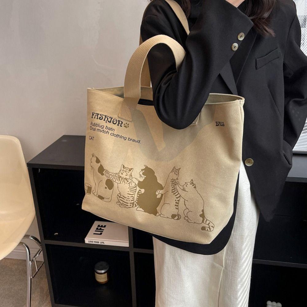 LOMBARD Túi Tote Vải Canvas In Hình Mèo Và Chữ Thanh Lịch Dễ Phối Đồ Thời Trang Đường Phố