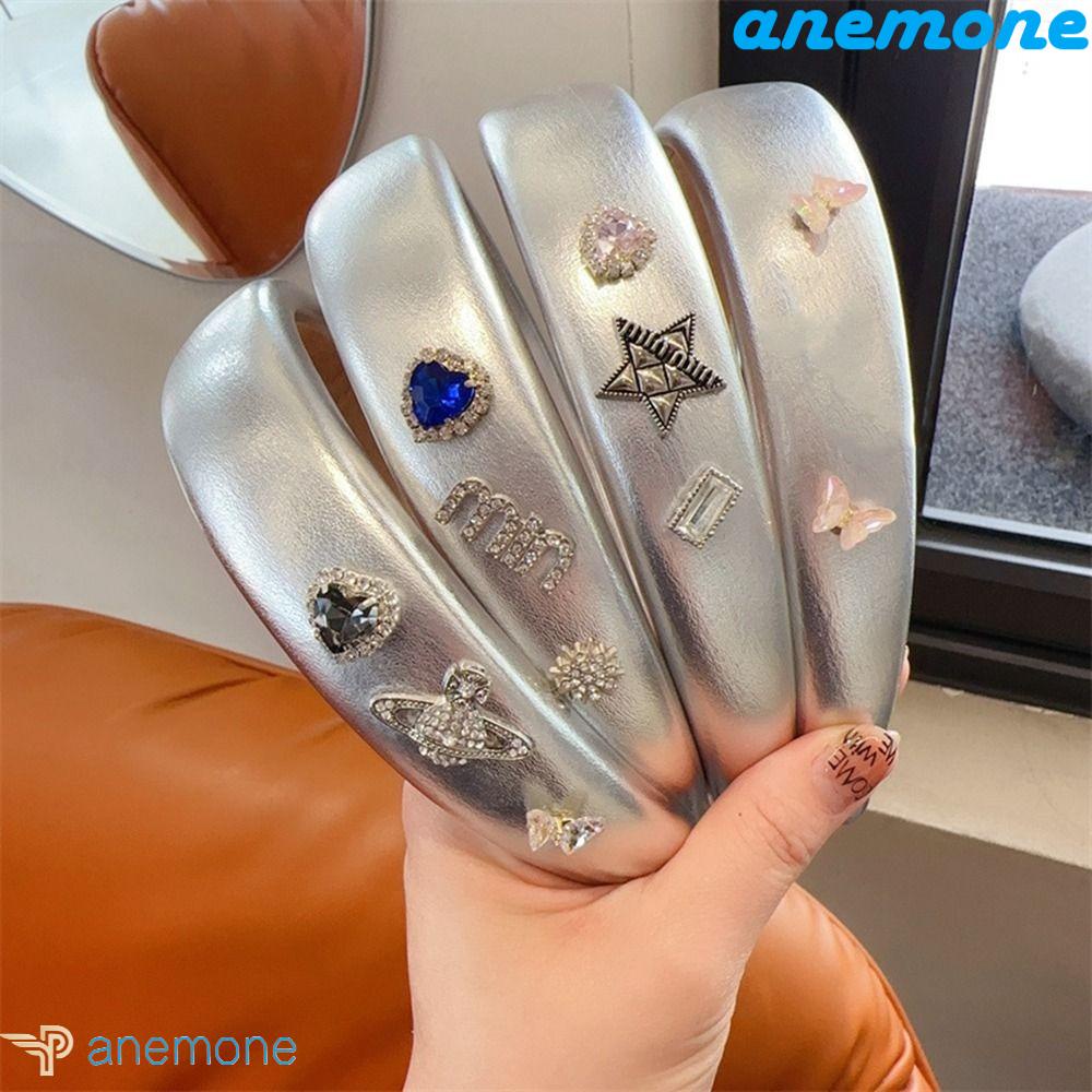 ANEMONE Băng Đô Cài Tóc Bằng Da Đính Đá Màu Bạc Cá Tính Y2K Thời Trang Đường Phố
