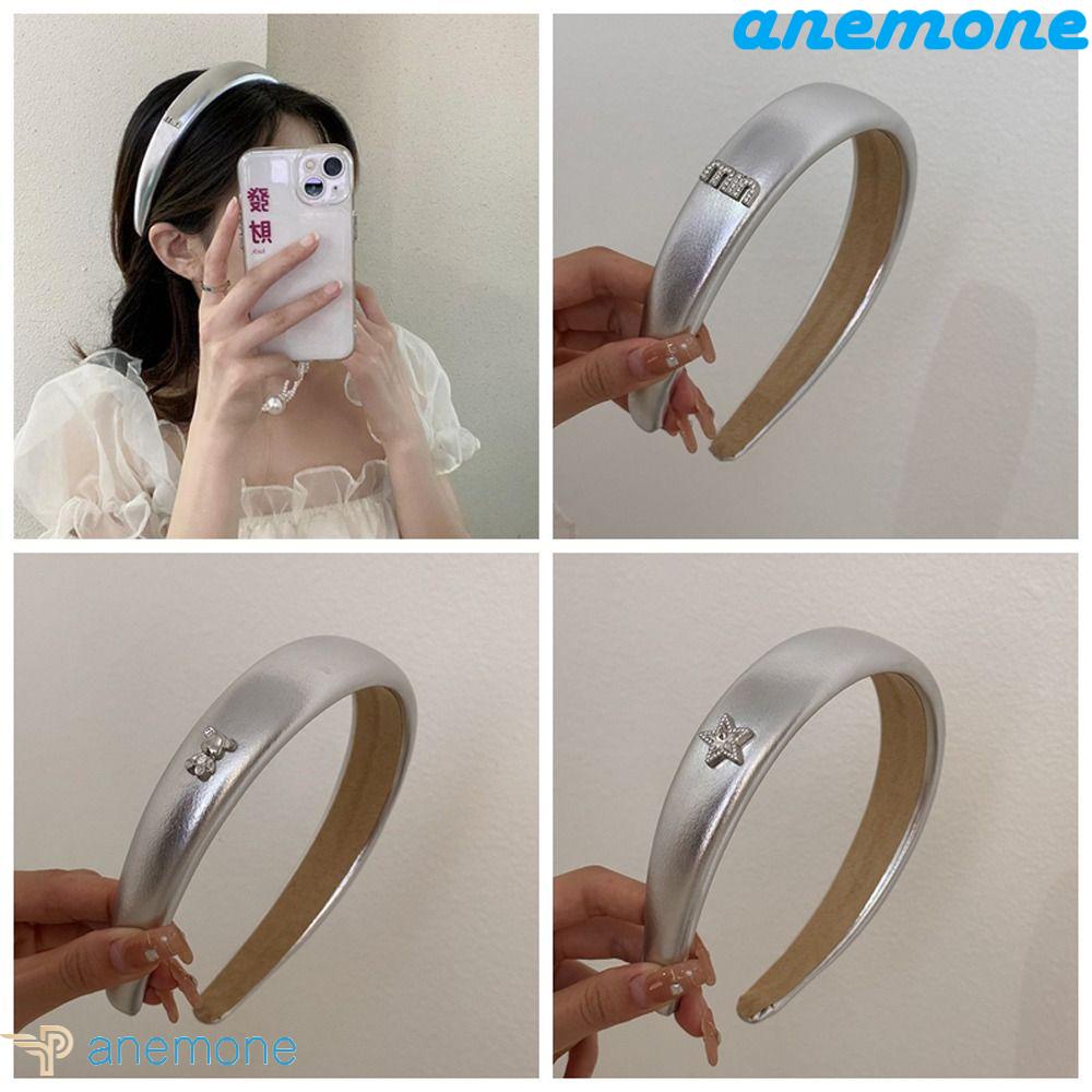 ANEMONE Băng Đô Rửa Mặt Bằng Da Màu Bạc Bản Rộng Chống Trượt Thanh Lịch