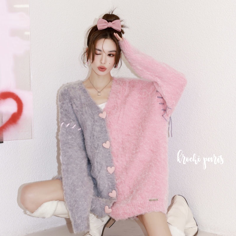 Áo Khoác Cardigan Dệt Kim Dáng Rộng Cài Khuy Hình Trái Tim Màu Sắc Xinh Xắn Cho Nữ