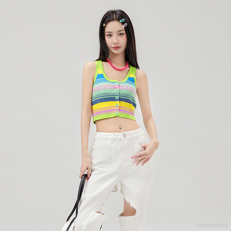 Áo Croptop Dệt Kim Sát Nách Họa Tiết Kẻ Sọc Cầu Vồng In Chữ Thời Trang Mùa Hè Cho Nữ