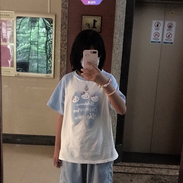 Áo Thun Cotton Tay Ngắn Dáng Rộng Thoáng Khí In Hoạt Hình Sanrio Hello Kitty Phong Cách Nhật Bản Đáng Yêu Cho Nữ Y2k
