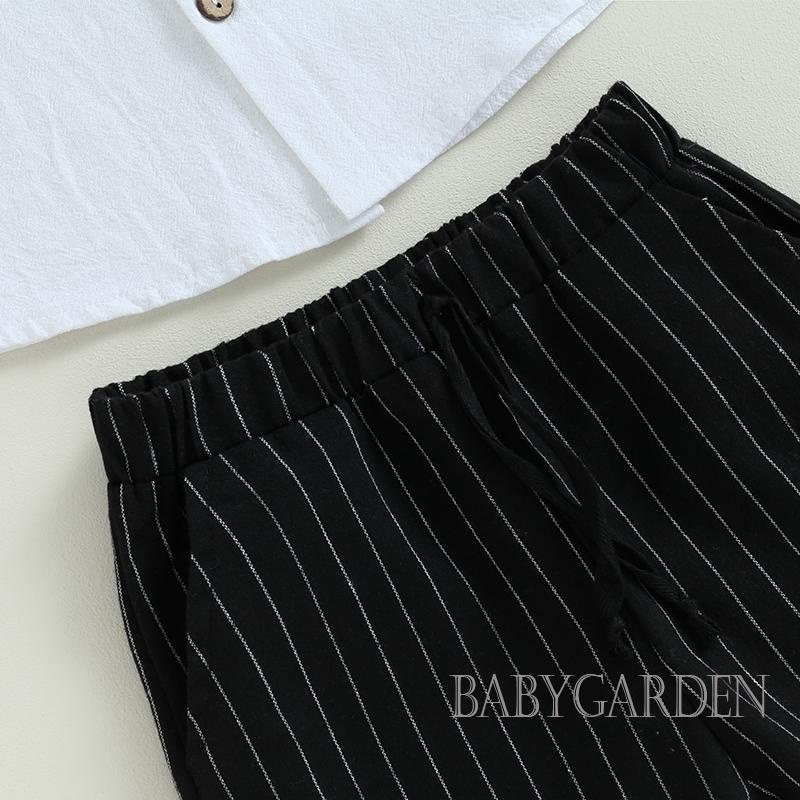 Set Áo Sơ Mi Trắng Ngắn Tay Cổ Tròn + Quần Short Lưng Thun Họa Tiết Kẻ Sọc Màu Sắc Thời Trang Mùa Hè Cho Bé Trai 4-7 Tuổi