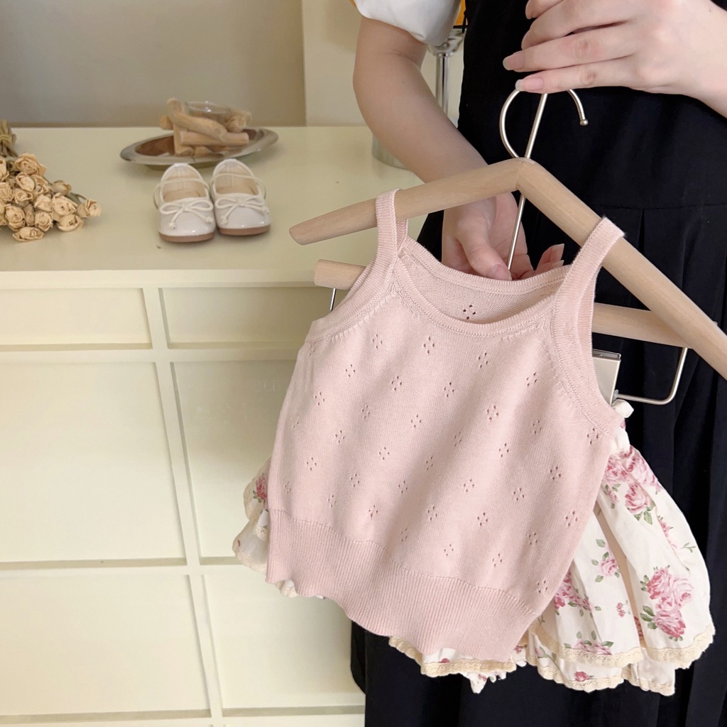 Bộ Áo Hai Dây Dệt Kim Phối Chân Váy Ren Kiểu Pháp Dễ Thương Thời Trang Mùa Hè Cho Bé Gái