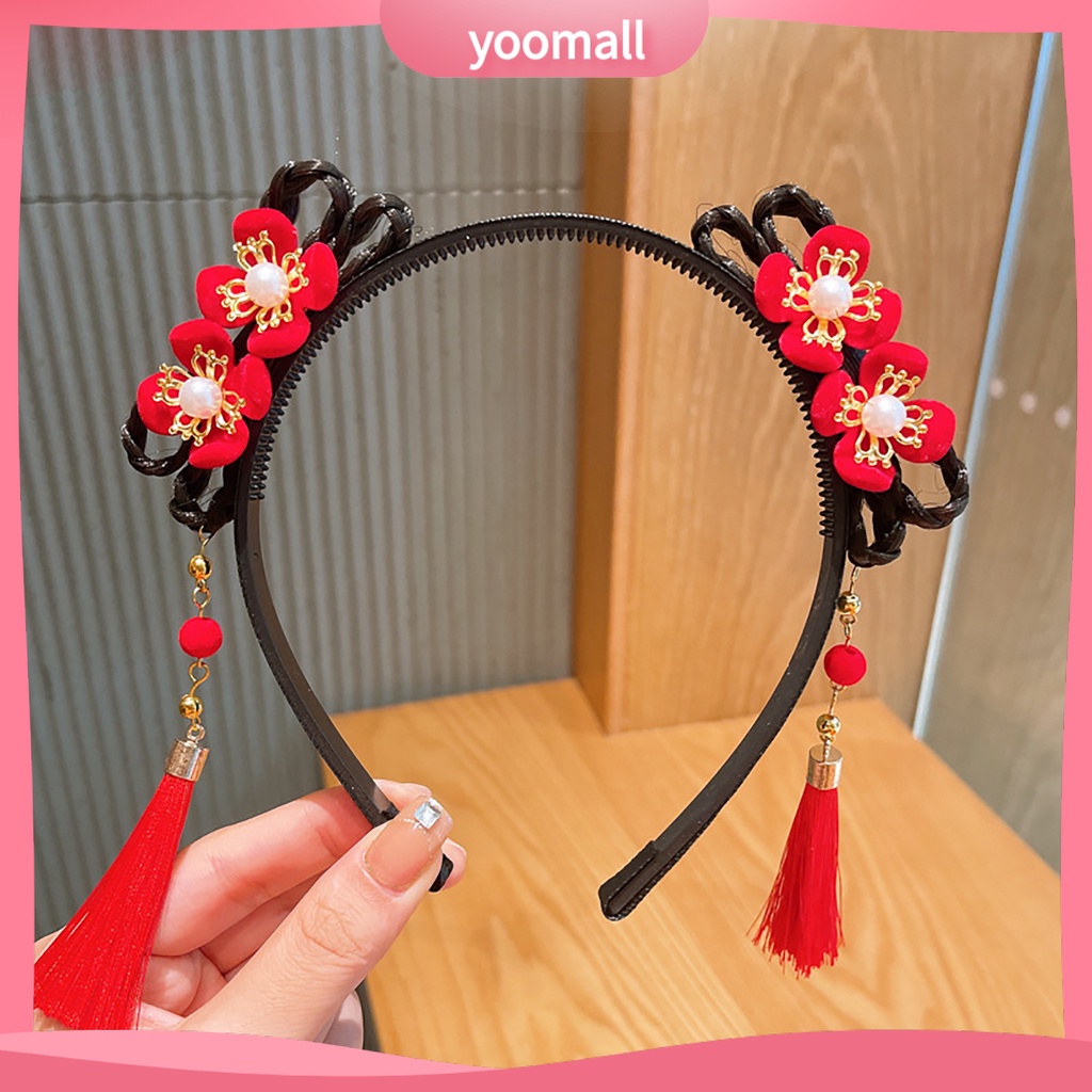 Băng Đô Nơ Đính Ngọc Trai Co Giãn Phối Bóng Lông Tua Rua Phong Cách Trung Hoa Mừng Năm Mới Cho Bé Gái