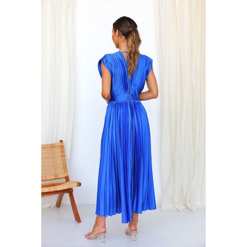 Đầm Midi Không Tay Cổ Chữ V Xếp Ly Màu Trơn Thanh Lịch Có Dây Buộc Sau Lưng