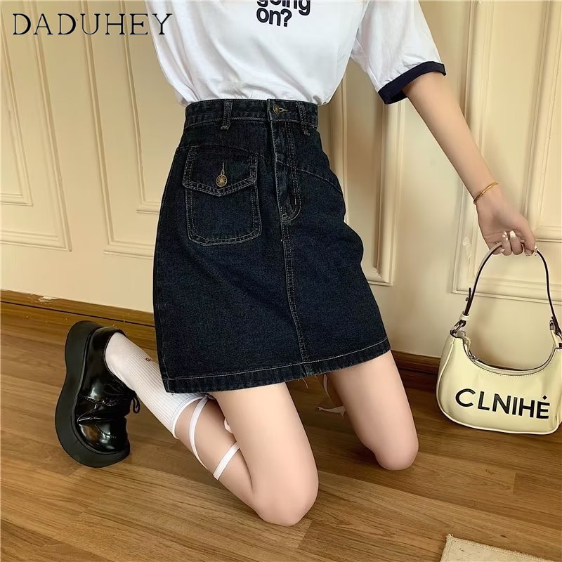 DaDuHey New Korean Version of INS Retro Thin Denim Skirt Niche High Waist A- line Skirt Large Size Bag Hip Skirt
