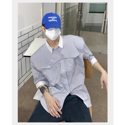 Áo Sơ Mi Tay Lửng Dáng Rộng Họa Tiết Kẻ Sọc Màu Sắc Tương Phản Thời Trang Mùa Hè