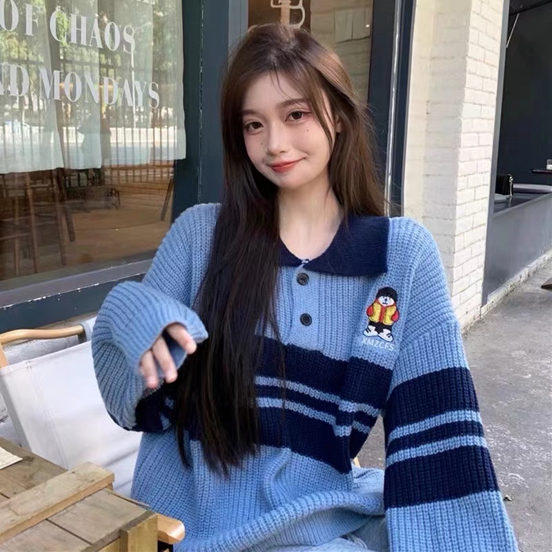Áo Sweater Cổ Polo Thêu Họa Tiết Phong Cách Retro Mỹ Cho Nữ