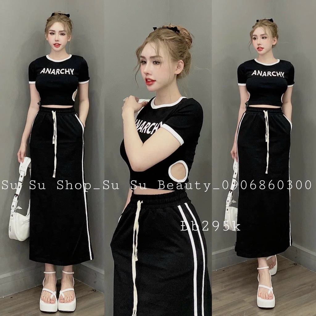 Set Bozip Trơn Áo Croptop Khoét Eo Kèm Chân Váy Midi Suông Lưng Chun Có Dây Rút , 4 Màu Xám Trắng Đen Cam