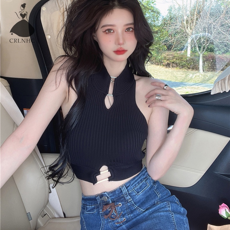 Áo Dệt Kim Sát Nách Khoét Lỗ Phong Cách Vintage Gợi Cảm Cho Nữ