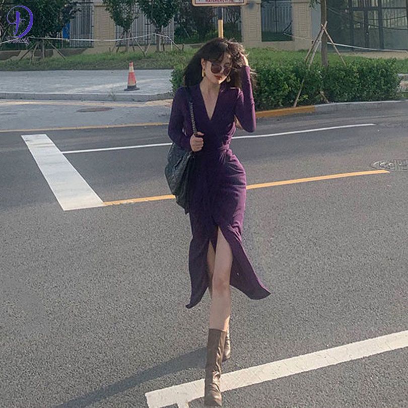 Đầm Tím Tay Dài Phối Cà Vạt Co Giãn Tốt Thiết Kế Trang Nhã Cho